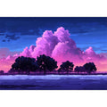Dreamy pink cloud landscape canvas with trees for peaceful bedroom wall decor.