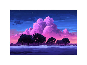 Dreamy pink cloud landscape canvas with trees for peaceful bedroom wall decor.