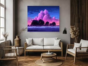 Dreamy pink cloud landscape canvas with trees for peaceful bedroom wall decor.