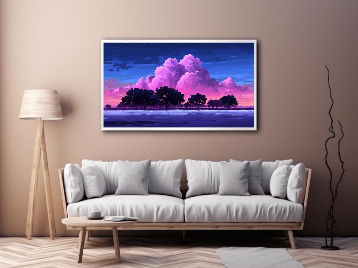 Dreamy pink cloud landscape canvas with trees for peaceful bedroom wall decor.