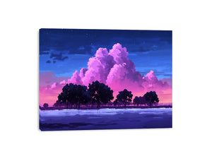 Dreamy pink cloud landscape canvas with trees for peaceful bedroom wall decor.