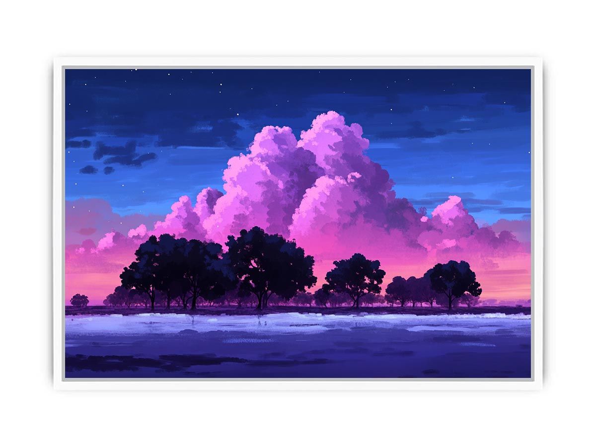 Dreamy pink cloud landscape canvas with trees for peaceful bedroom wall decor.