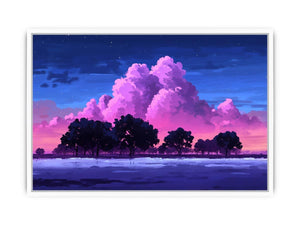 Dreamy pink cloud landscape canvas with trees for peaceful bedroom wall decor.