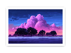 Dreamy pink cloud landscape canvas with trees for peaceful bedroom wall decor.