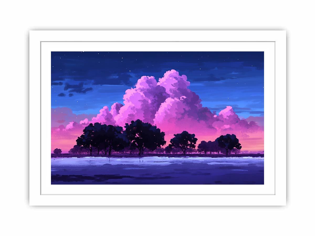Dreamy pink cloud landscape canvas with trees for peaceful bedroom wall decor.