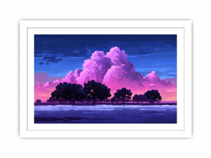 Dreamy pink cloud landscape canvas with trees for peaceful bedroom wall decor.