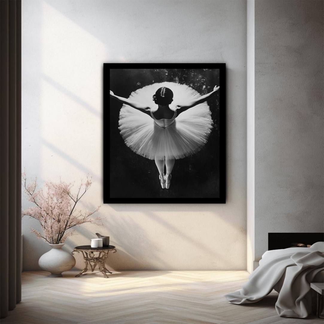 Black and white ballerina photography canvas for elegant bedroom wall decor.