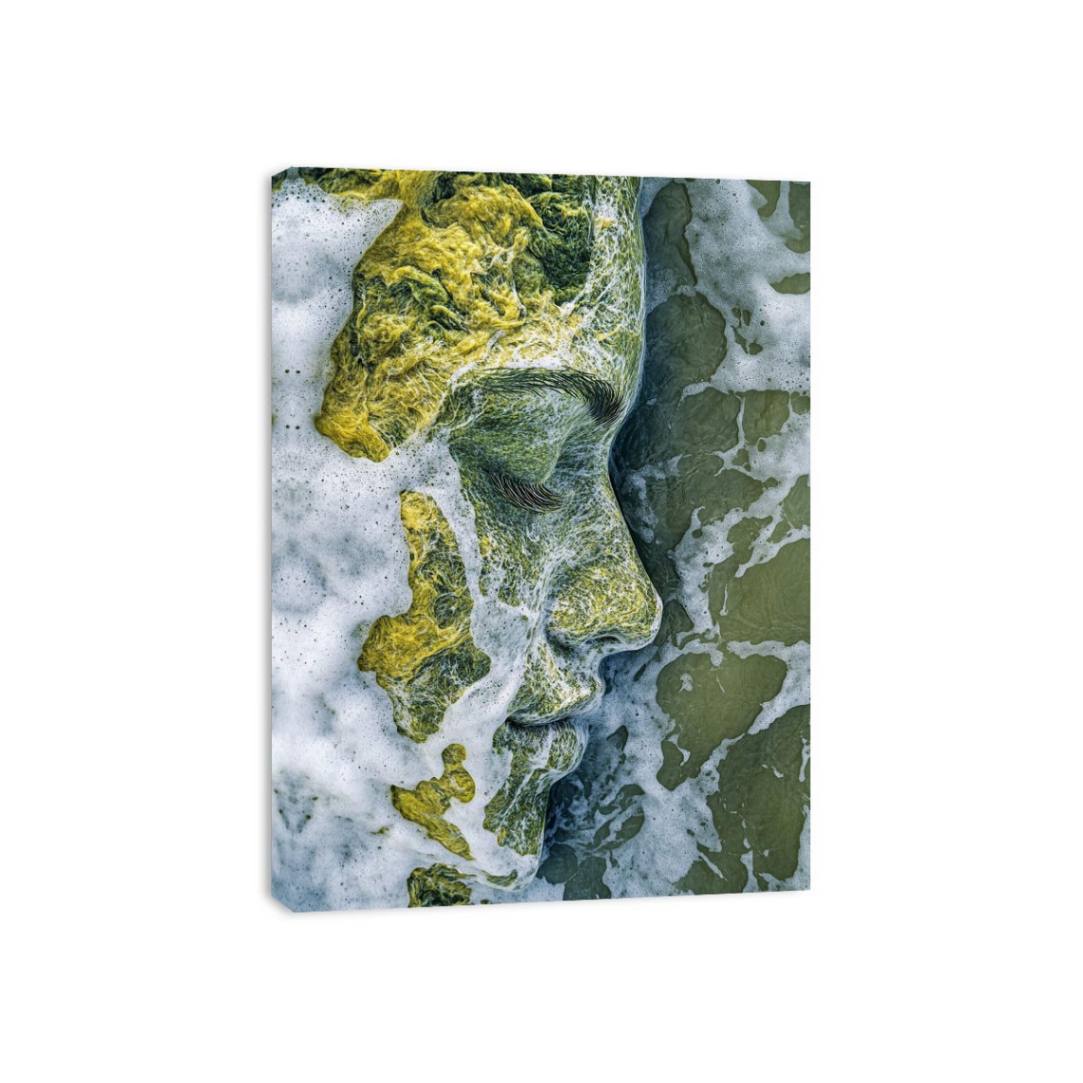 Surreal ocean face artwork with sea foam textures for modern bathroom decor.