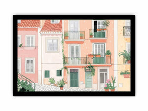 Pastel European balcony illustration with green doors for charming kitchen decor.