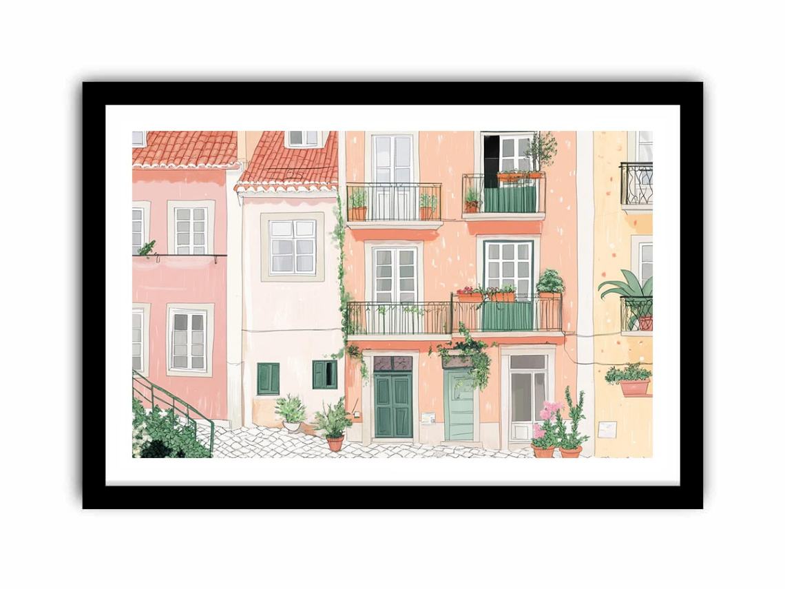 Pastel European balcony illustration with green doors for charming kitchen decor.
