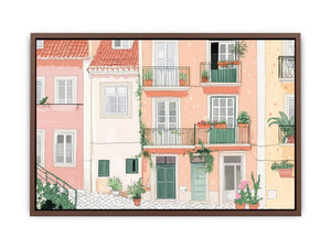Pastel European balcony illustration with green doors for charming kitchen decor.
