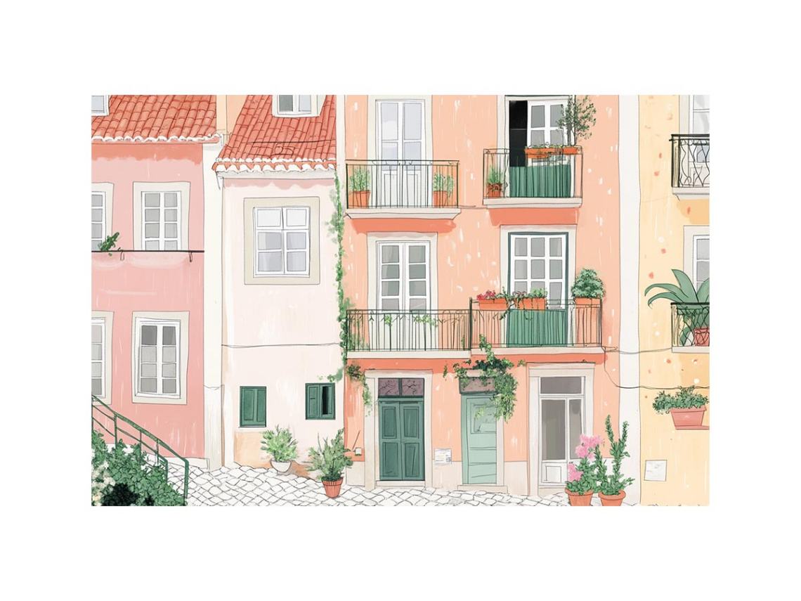 Pastel European balcony illustration with green doors for charming kitchen decor.