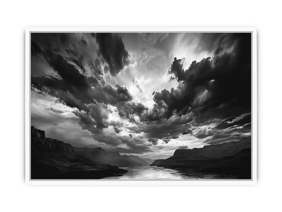 Black and white canyon storm photography for dramatic office wall decor.