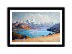 Blue mountain lake canvas art with snowy peaks for refined living room decor.