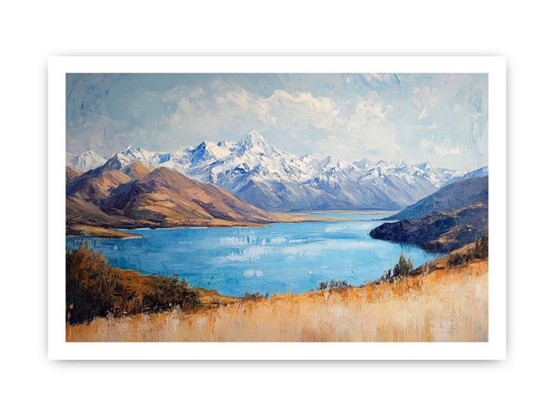 Blue mountain lake canvas art with snowy peaks for refined living room decor.