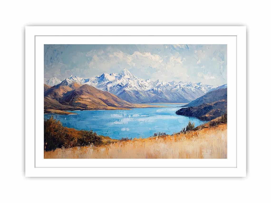 Blue mountain lake canvas art with snowy peaks for refined living room decor.