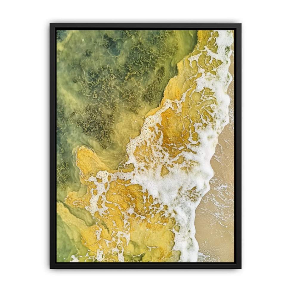 Abstract sea foam and golden tide canvas for organic coastal bathroom decor.