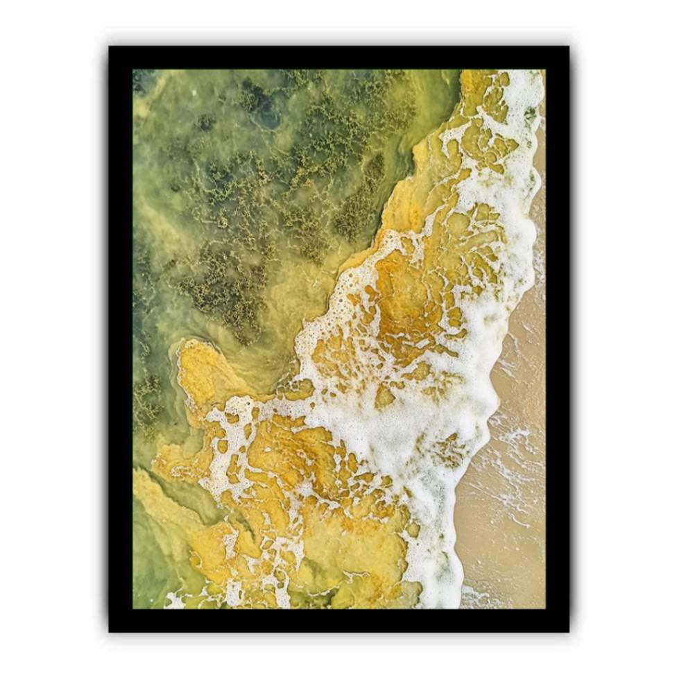 Abstract sea foam and golden tide canvas for organic coastal bathroom decor.