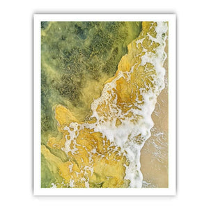 Abstract sea foam and golden tide canvas for organic coastal bathroom decor.