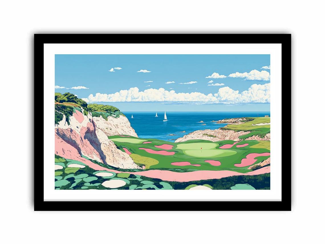 Colorful coastal golf course illustration for modern living room decor.