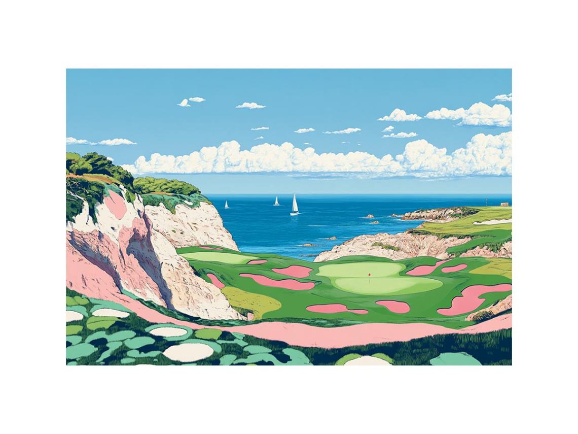 Colorful coastal golf course illustration for modern living room decor.