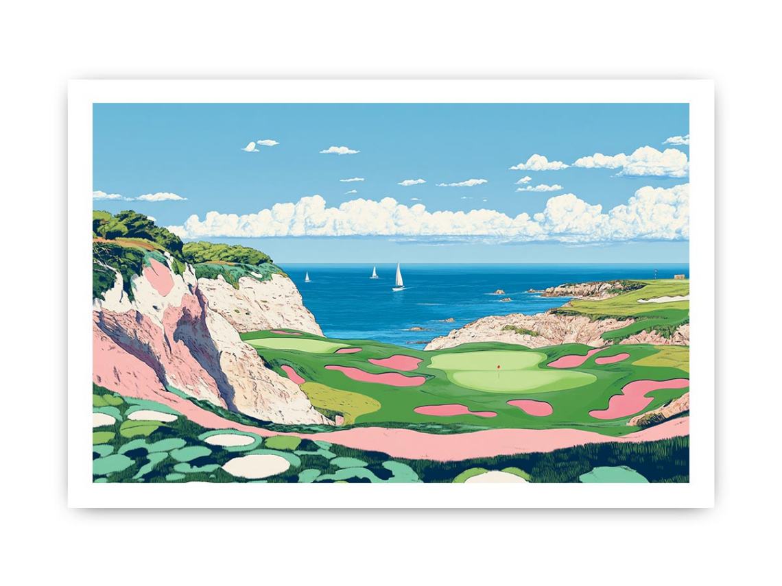 Colorful coastal golf course illustration for modern living room decor.
