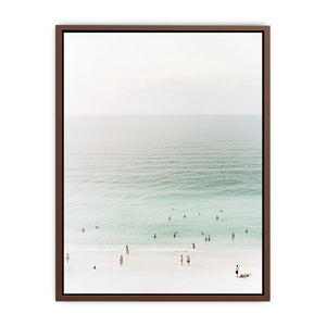 Minimal beach canvas art with seafoam water for calm bedroom decor.