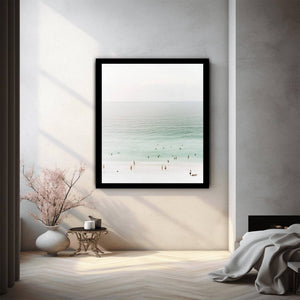 Minimal beach canvas art with seafoam water for calm bedroom decor.