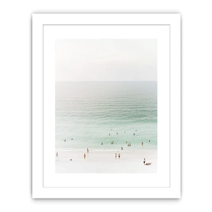 Minimal beach canvas art with seafoam water for calm bedroom decor.