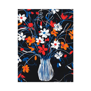 Bold floral vase canvas art for colorful modern dining room decor.