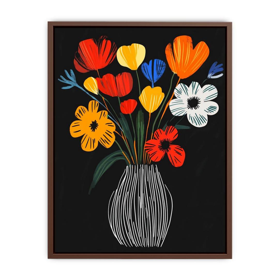 Bright flower vase canvas print for colorful modern kitchen decor.