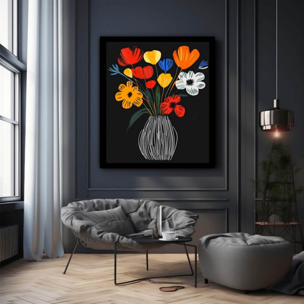 Bright flower vase canvas print for colorful modern kitchen decor.