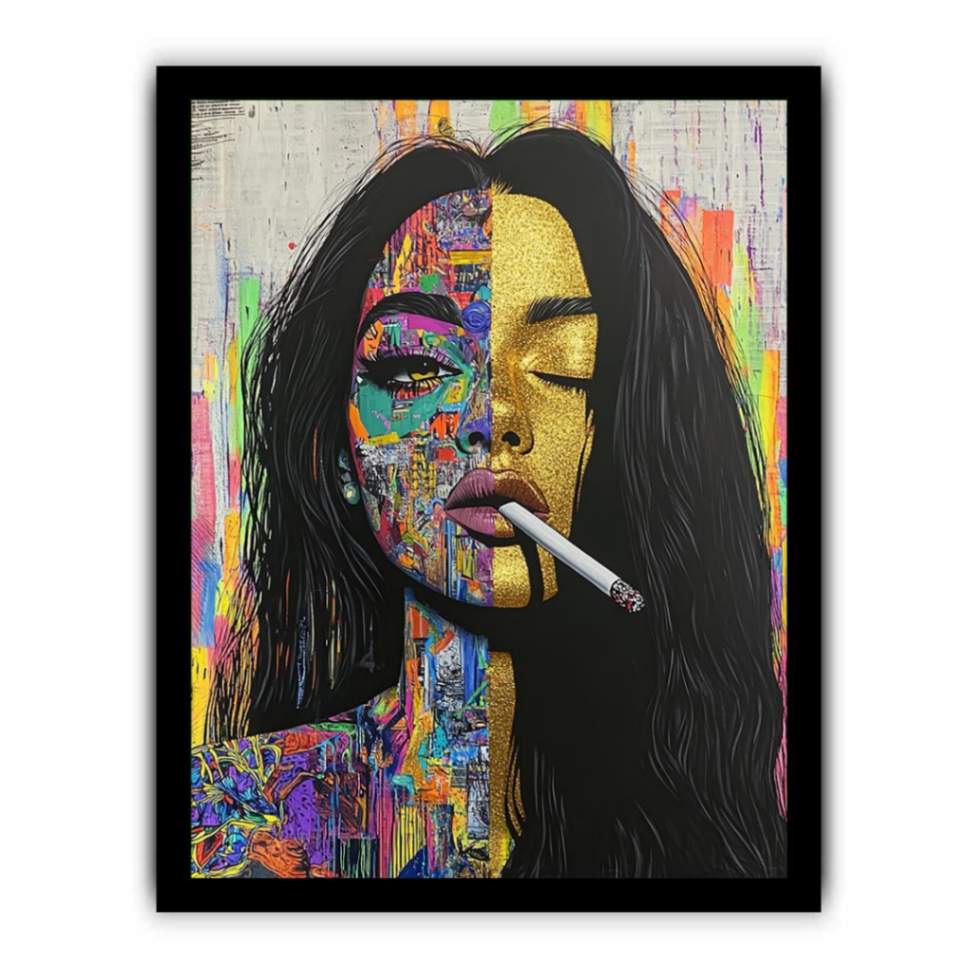 Urban pop art woman portrait canvas for bold living room decor.
