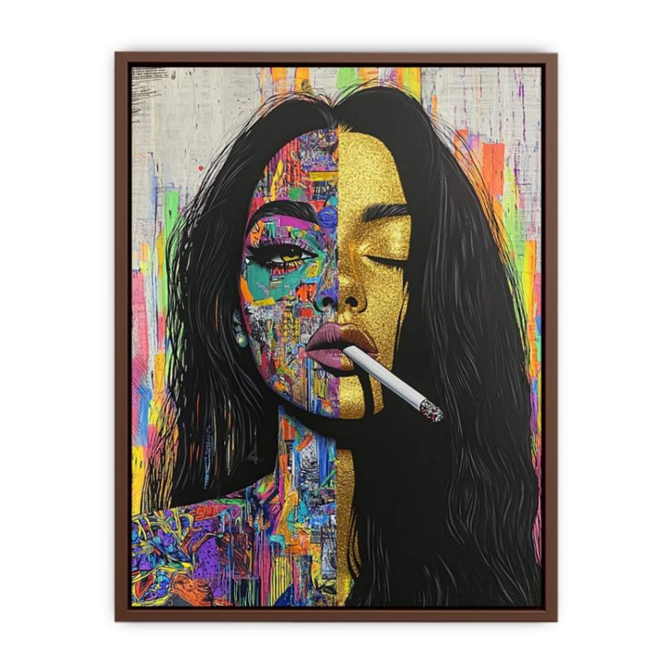 Urban pop art woman portrait canvas for bold living room decor.