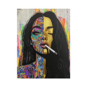 Urban pop art woman portrait canvas for bold living room decor.