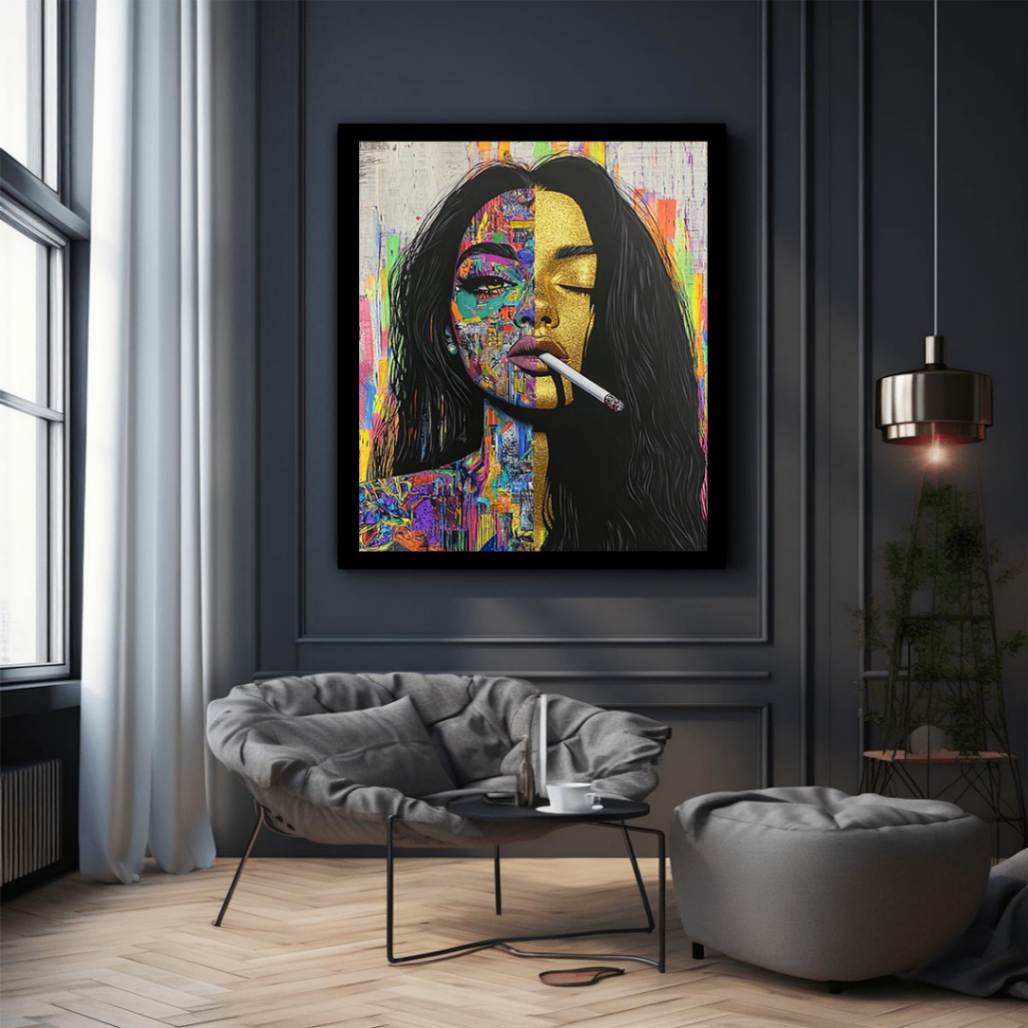 Urban pop art woman portrait canvas for bold living room decor.