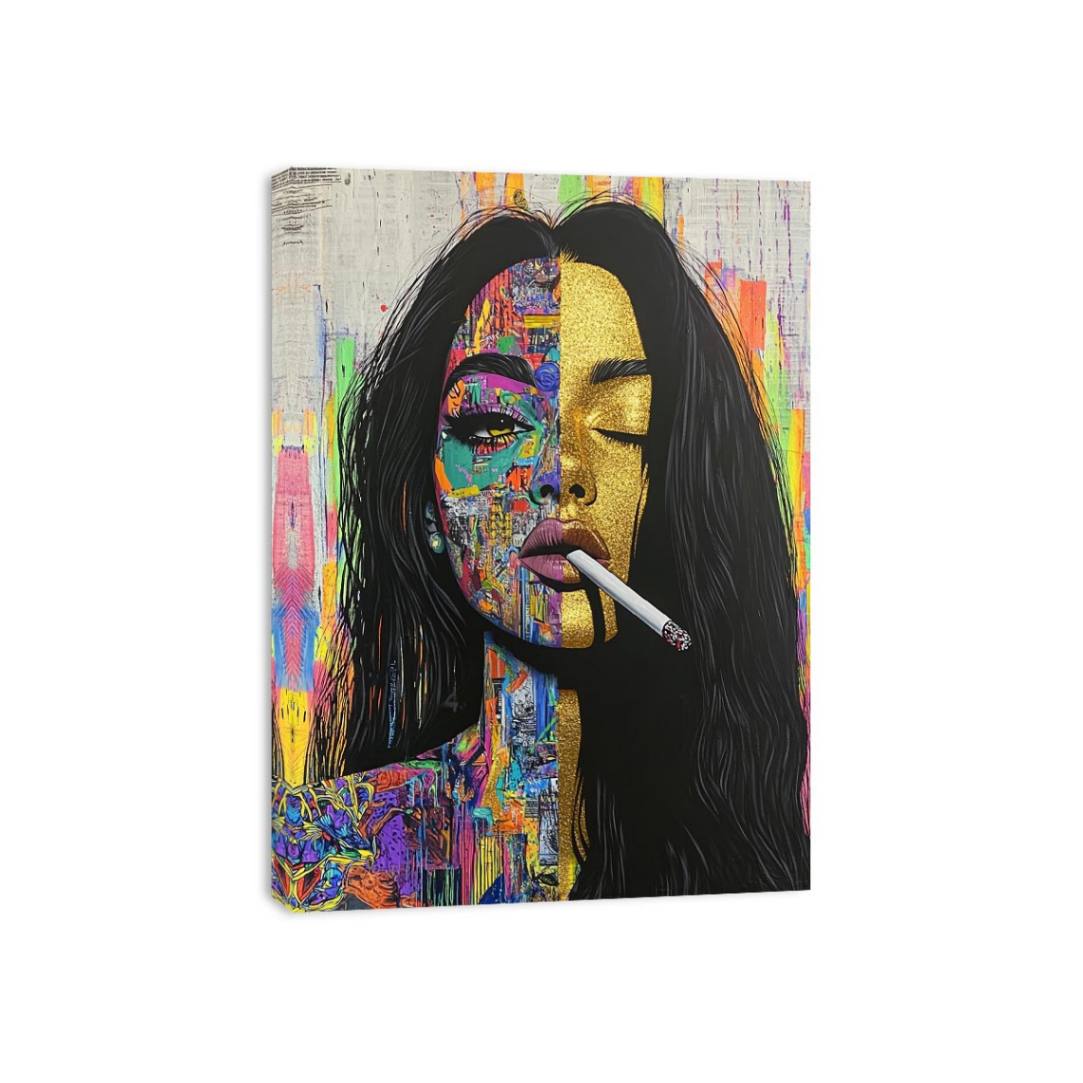 Urban pop art woman portrait canvas for bold living room decor.