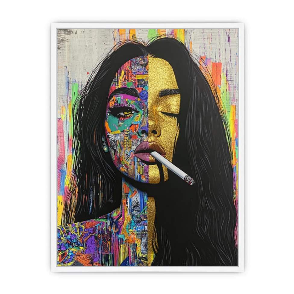 Urban pop art woman portrait canvas for bold living room decor.