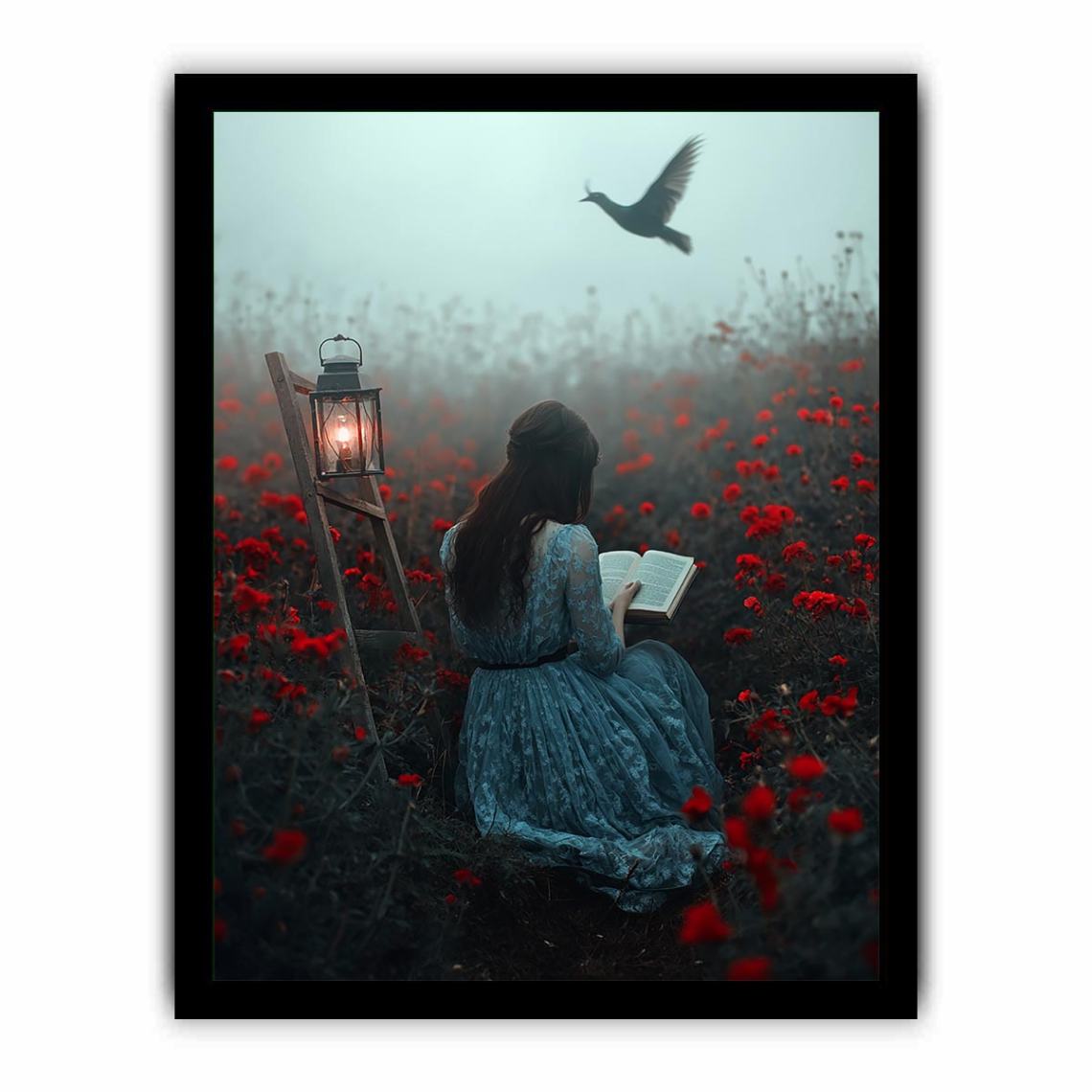 Moody reader in flower field canvas art for dark bedroom decor.