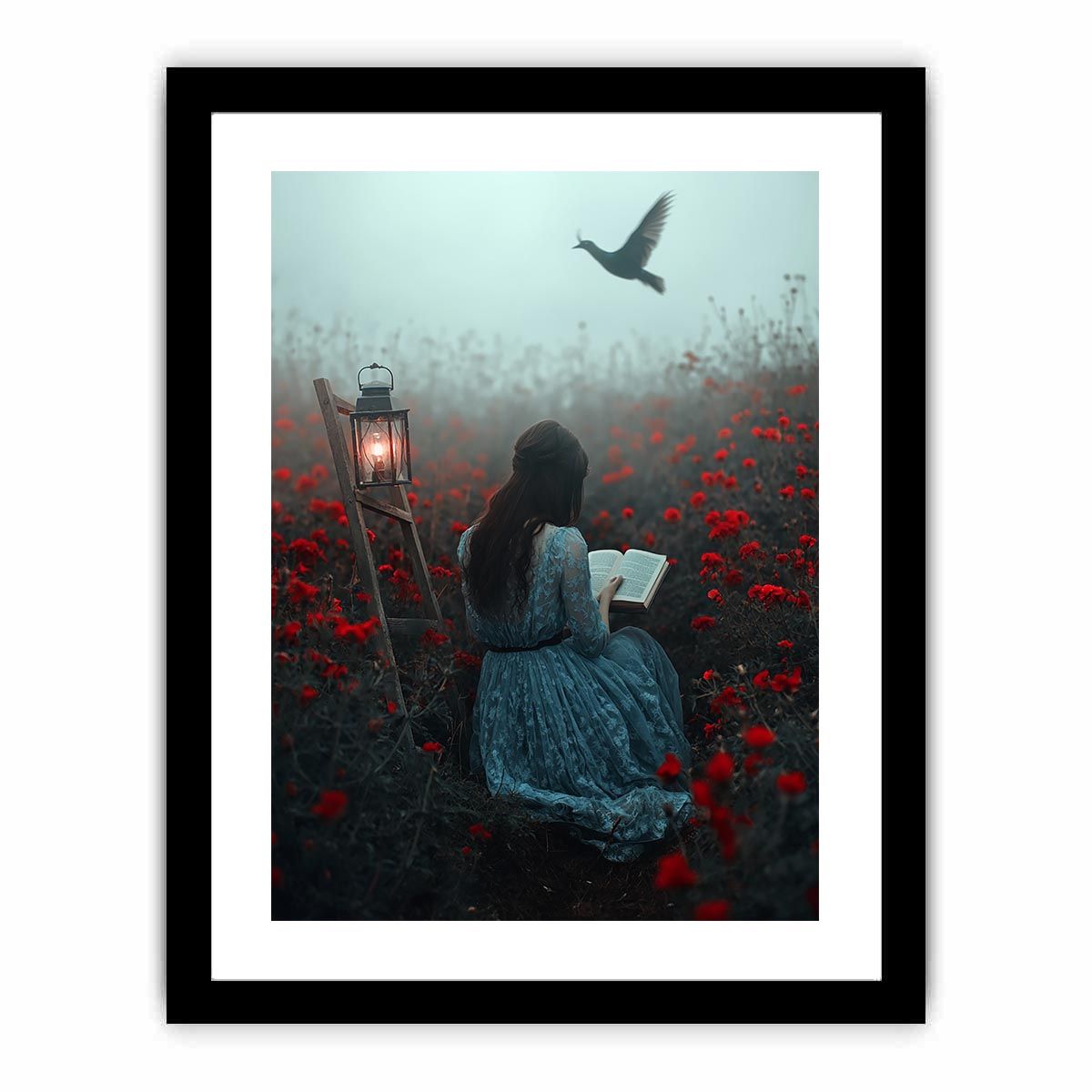 Moody reader in flower field canvas art for dark bedroom decor.