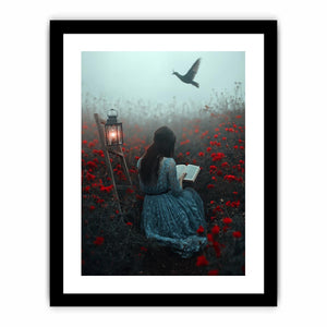 Moody reader in flower field canvas art for dark bedroom decor.