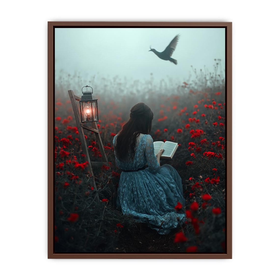 Moody reader in flower field canvas art for dark bedroom decor.