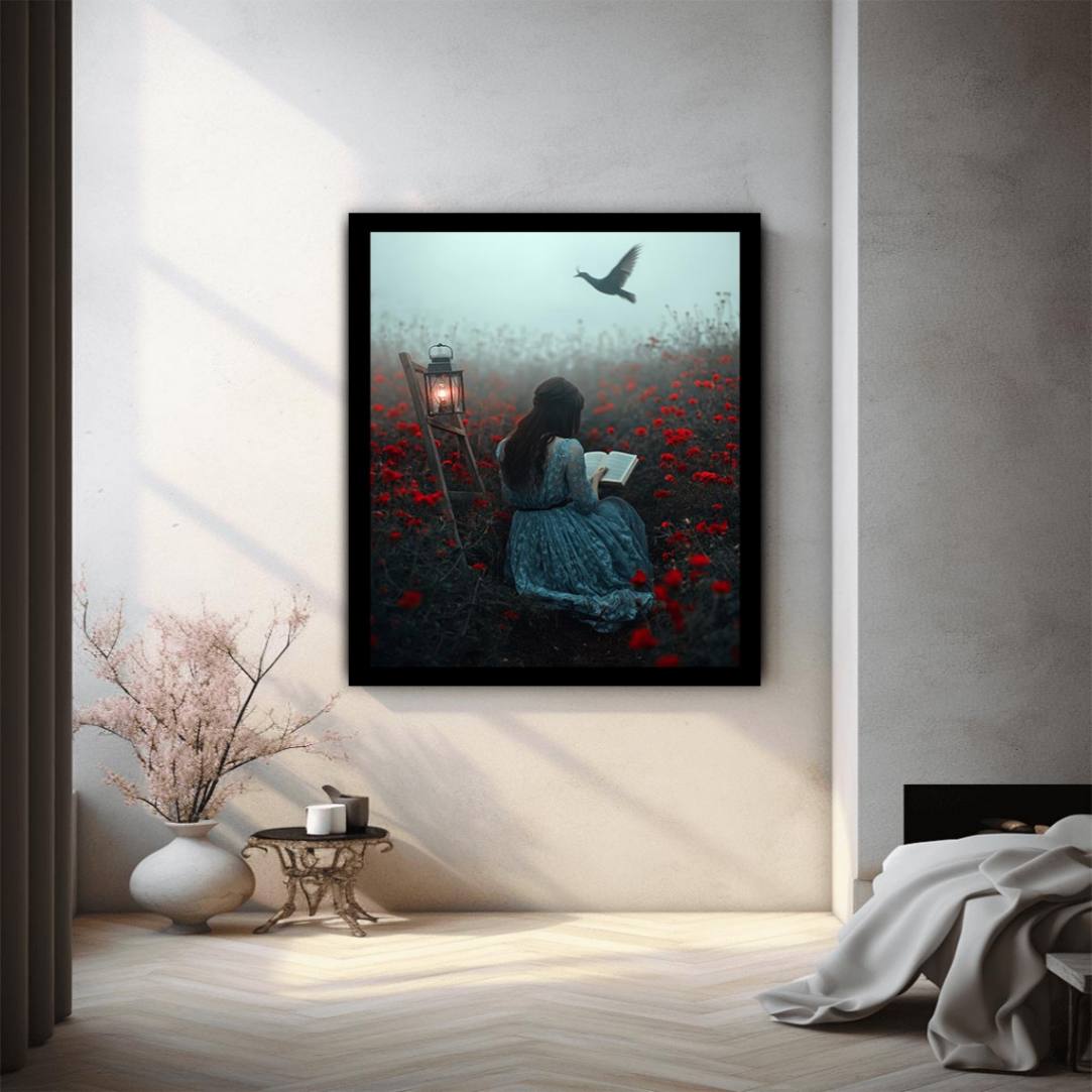 Moody reader in flower field canvas art for dark bedroom decor.