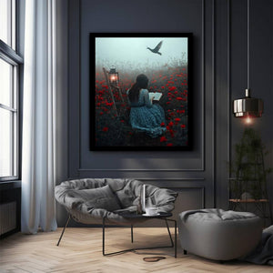 Moody reader in flower field canvas art for dark bedroom decor.