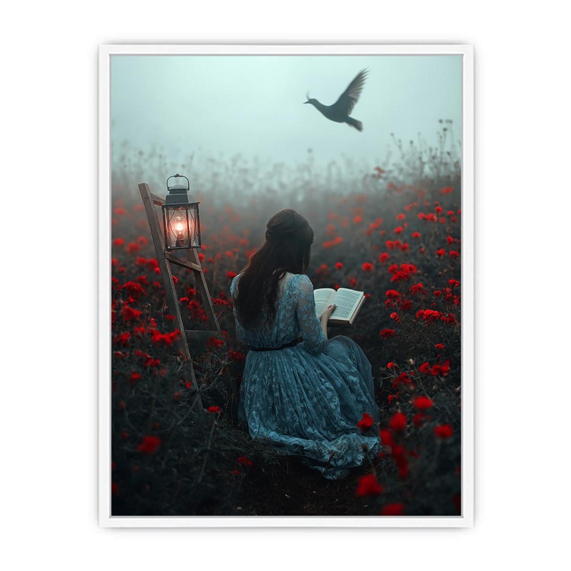 Moody reader in flower field canvas art for dark bedroom decor.