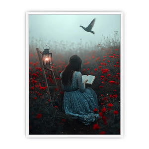 Moody reader in flower field canvas art for dark bedroom decor.