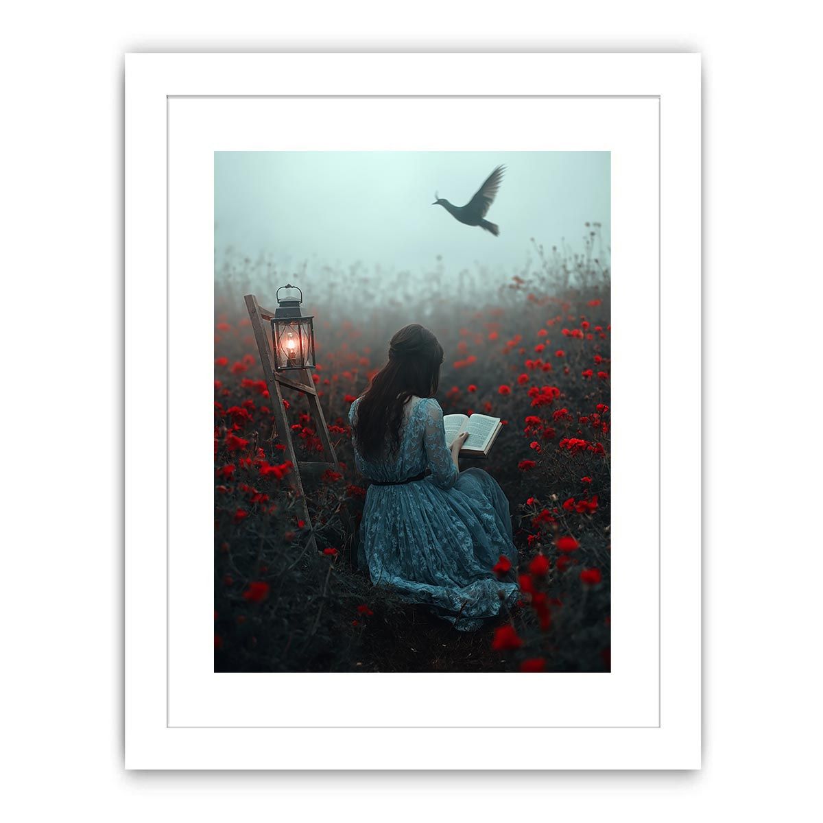 Moody reader in flower field canvas art for dark bedroom decor.