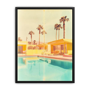 Retro poolside photography canvas art for mid century home decor.