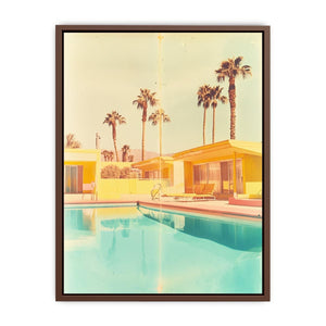 Retro poolside photography canvas art for mid century home decor.