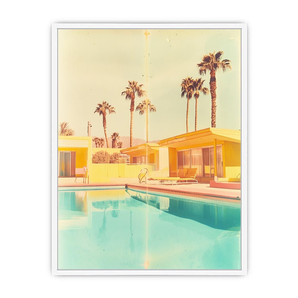 Retro poolside photography canvas art for mid century home decor.